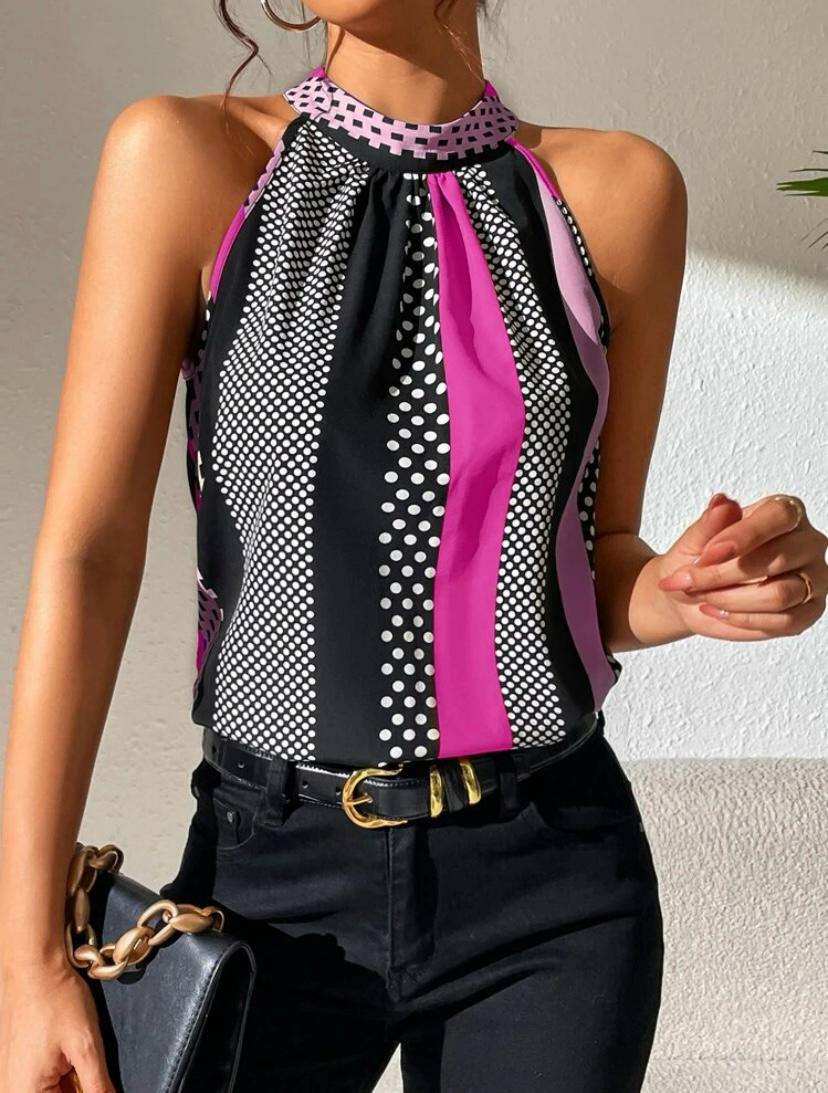 Stripe Halter Top with Keyhole Back and Polka Dot Stripe Sleveless Blouse