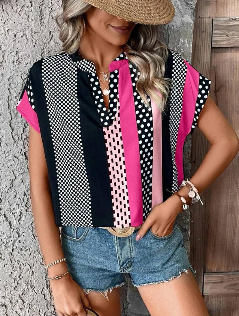 POLKA DOT STRIPE V NECK BATWING SHORT SLEEVE TOPS BLOUSE