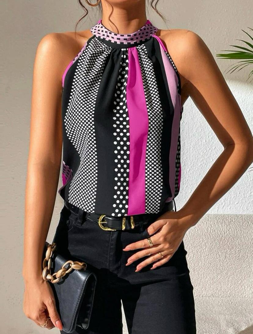 Stripe Halter Top with Keyhole Back and Polka Dot Stripe Sleveless Blouse