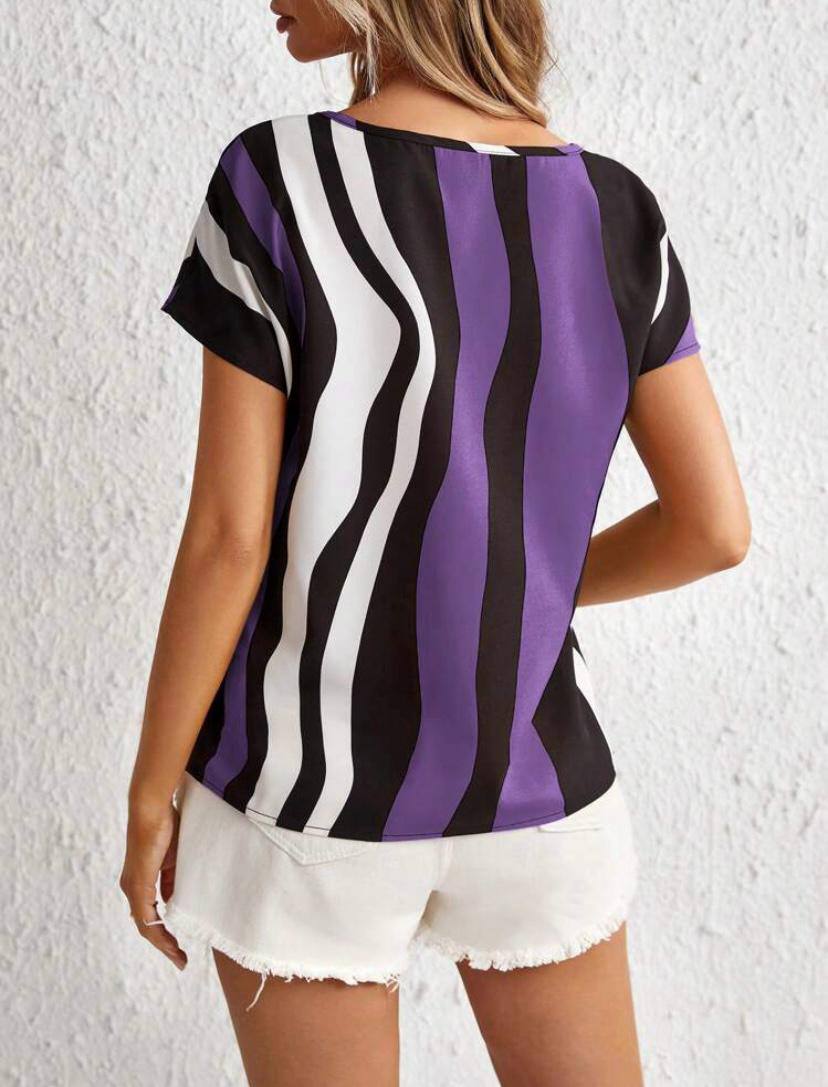 STRIPE V NECK CUT OUT SHORT SLEEVE TOPS BLOUSE