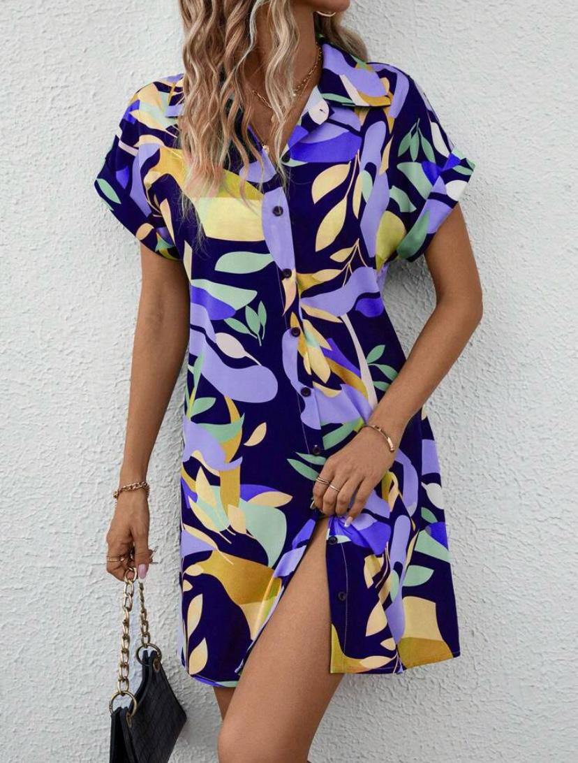 SUMMER FLORAL MINI DRESS WITH BUTTON UP SHORT SLEEVE SUN DRESS