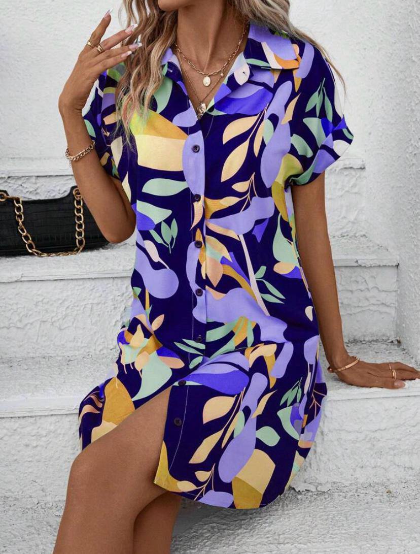 SUMMER FLORAL MINI DRESS WITH BUTTON UP SHORT SLEEVE SUN DRESS