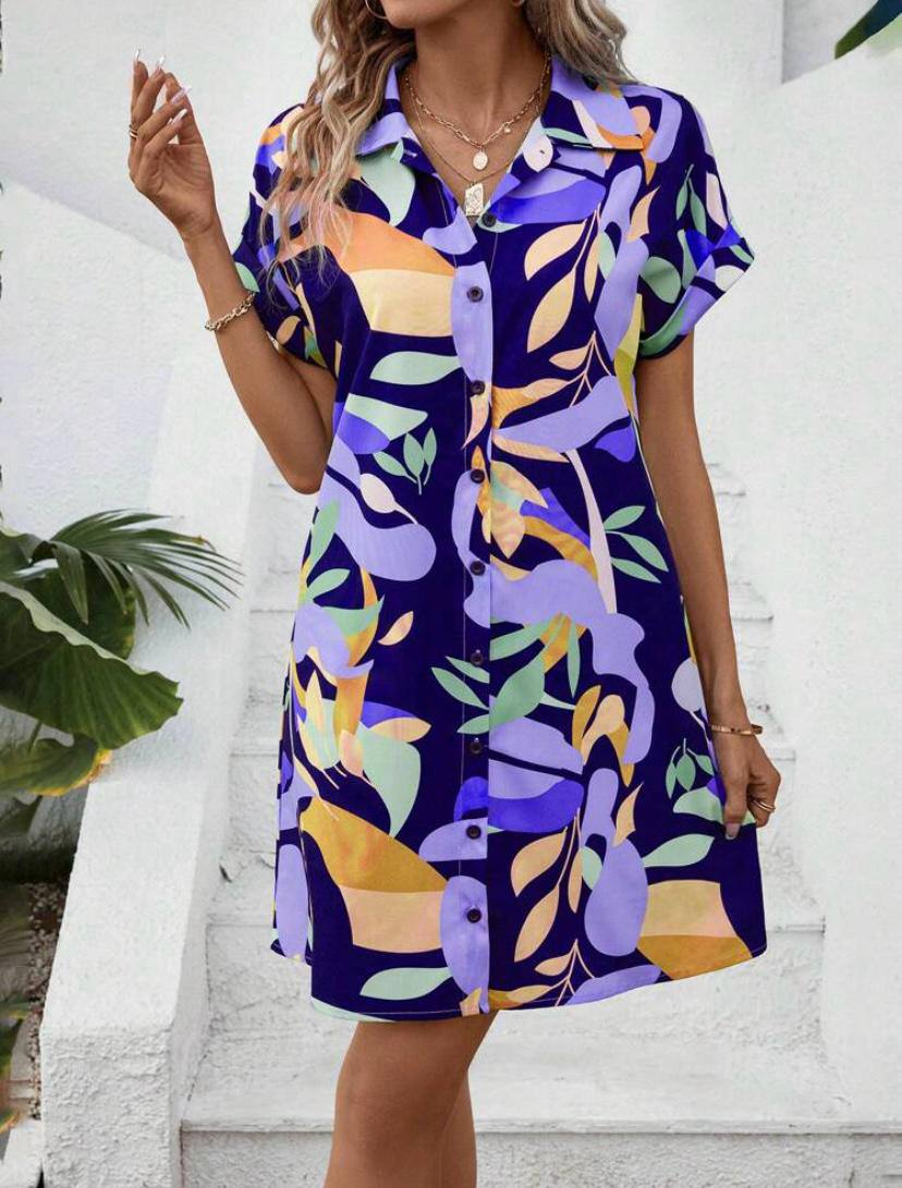 SUMMER FLORAL MINI DRESS WITH BUTTON UP SHORT SLEEVE SUN DRESS