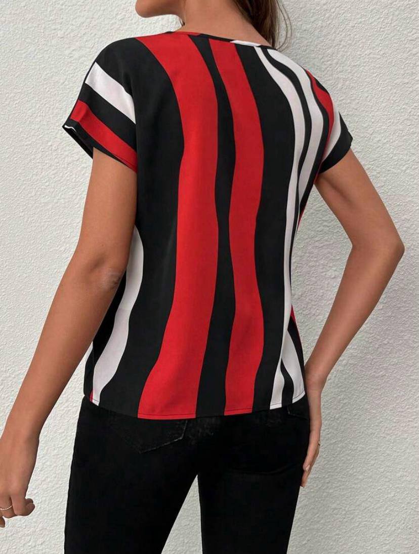 STRIPE V NECK CUT OUT SHORT SLEEVE TOPS BLOUSE