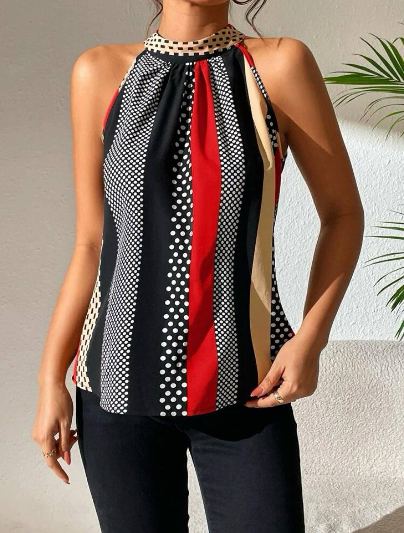 Stripe Halter Top with Keyhole Back and Polka Dot Stripe Sleveless Blouse