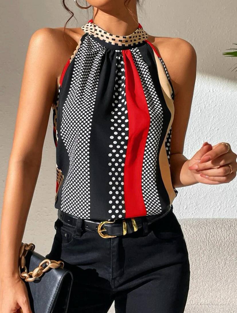 Stripe Halter Top with Keyhole Back and Polka Dot Stripe Sleveless Blouse