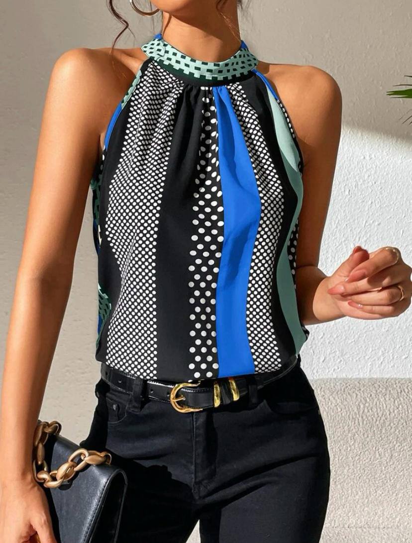 Stripe Halter Top with Keyhole Back and Polka Dot Stripe Sleveless Blouse