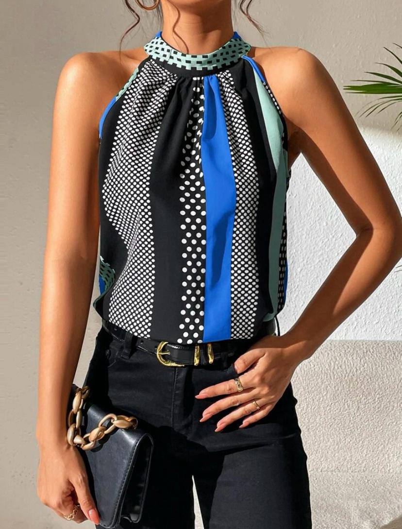 Stripe Halter Top with Keyhole Back and Polka Dot Stripe Sleveless Blouse