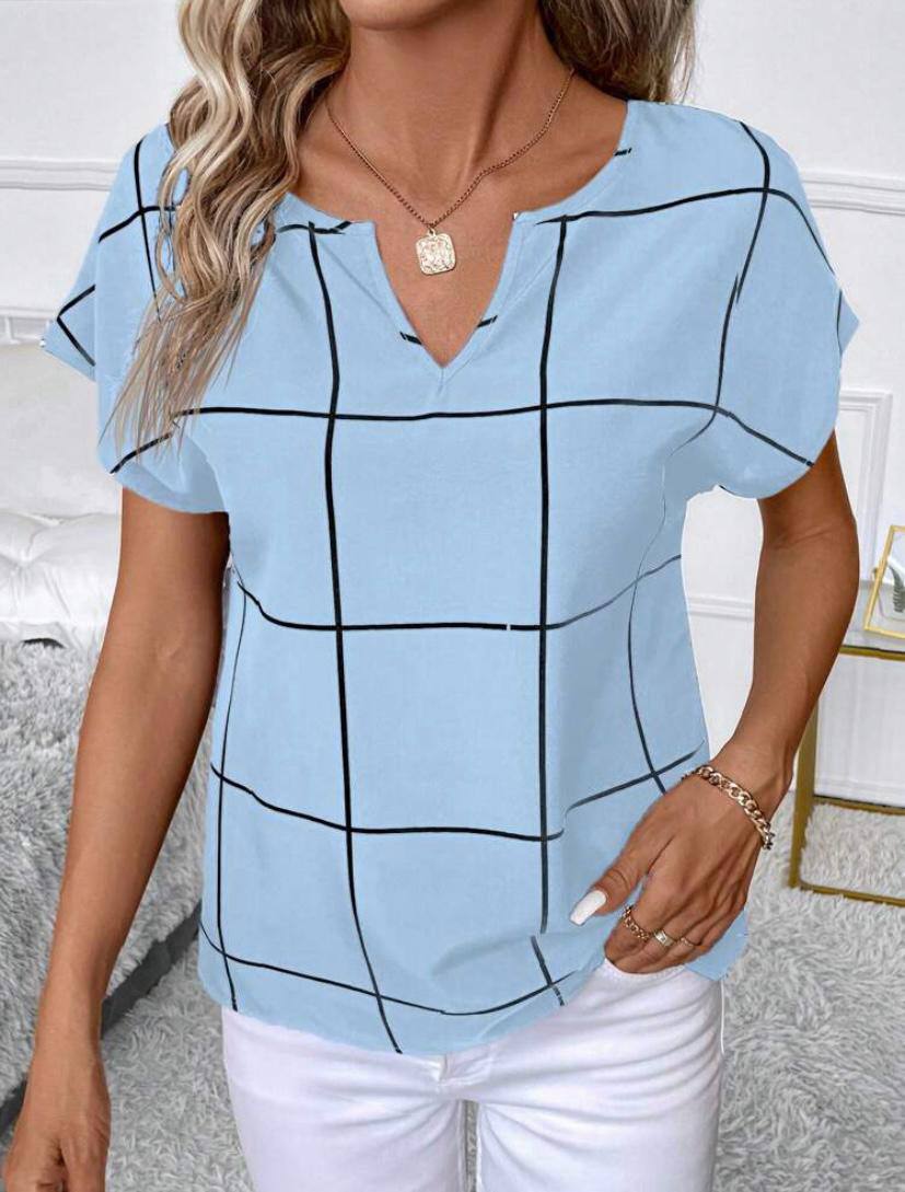 SHORT SLEEVE PLAID BLOUSE TOPS