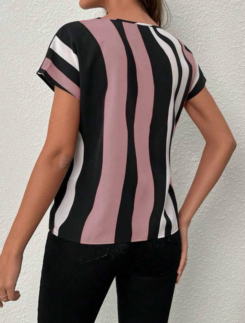 STRIPE V NECK CUT OUT SHORT SLEEVE TOPS BLOUSE