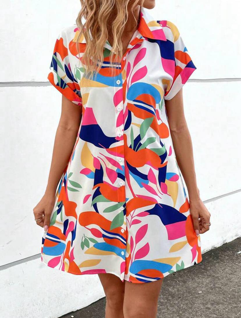 SUMMER FLORAL MINI DRESS WITH BUTTON UP SHORT SLEEVE SUN DRESS