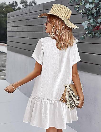 Casual Button Down Shirt Dress Short Sleeve V Neck Mini Summer Dress