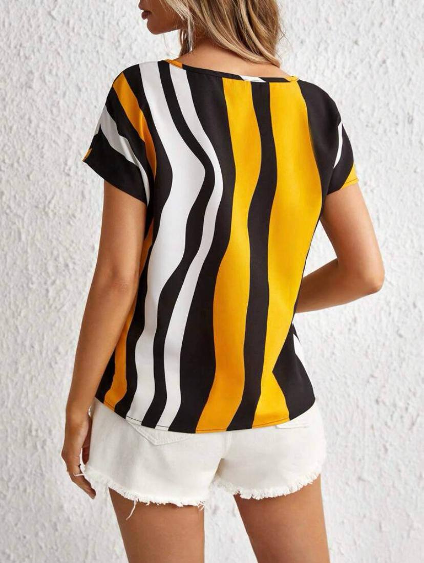 STRIPE V NECK CUT OUT SHORT SLEEVE TOPS BLOUSE