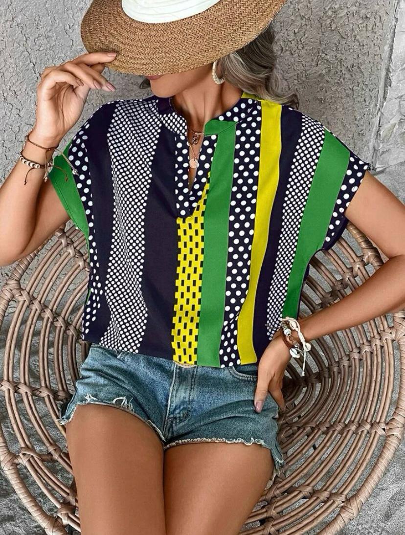 POLKA DOT STRIPE V NECK BATWING SHORT SLEEVE TOPS BLOUSE