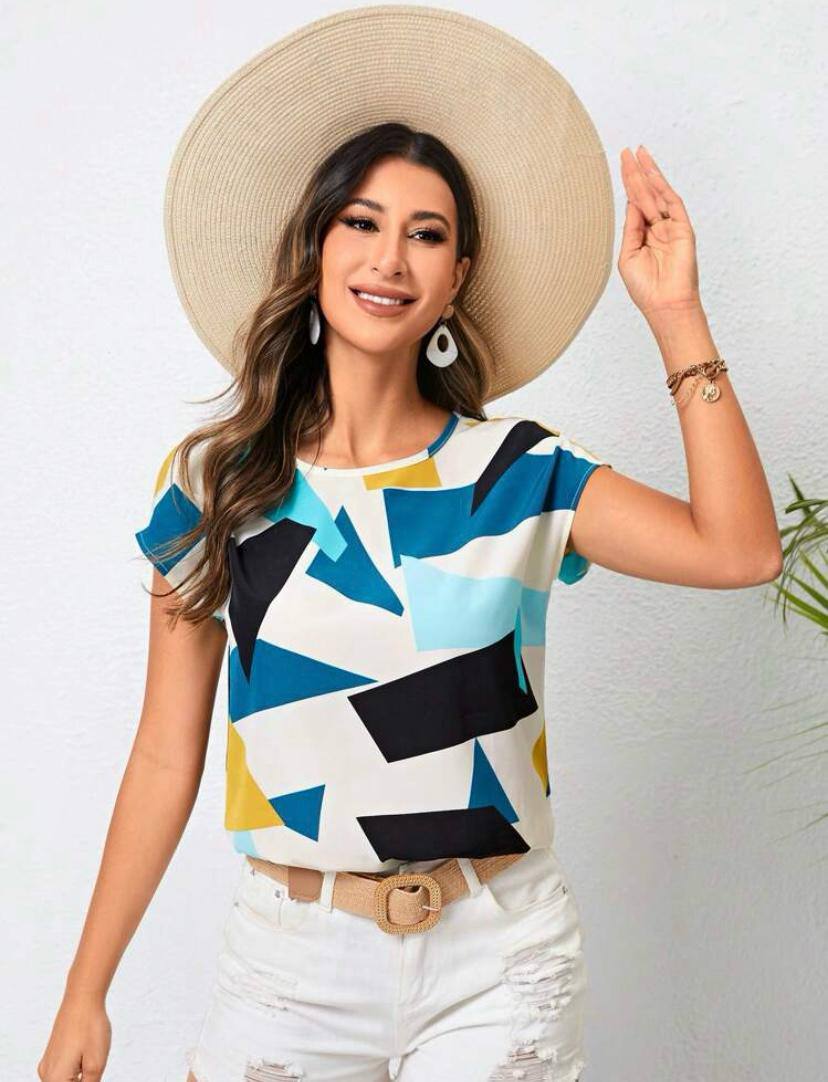 GEOMETRIC ABSTRAC SHORT SLEEVE TOPS BLOUSE