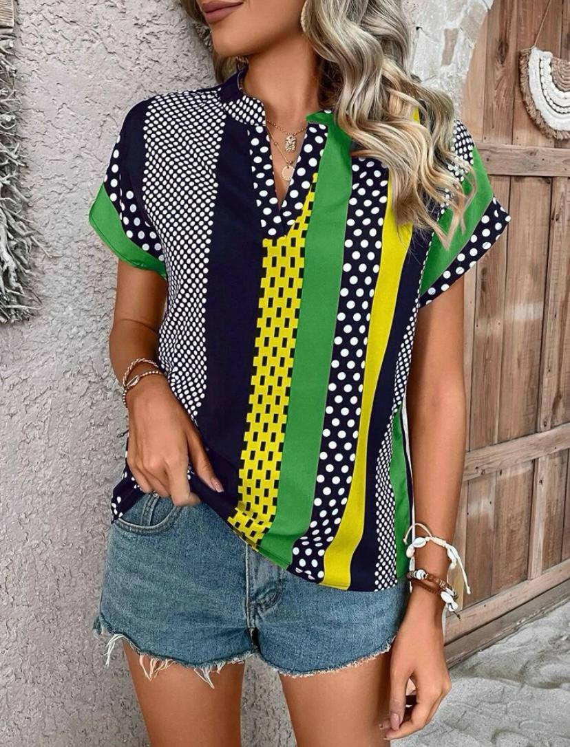 POLKA DOT STRIPE V NECK BATWING SHORT SLEEVE TOPS BLOUSE