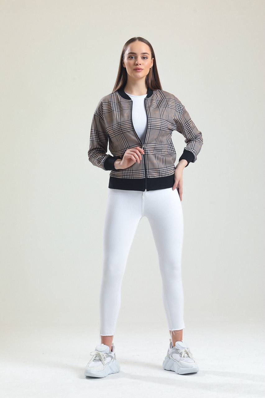 Women Tartan Plaid Zip Bomber Jacket