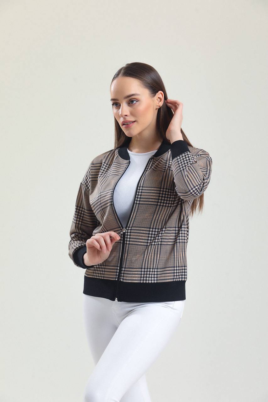 Women Tartan Plaid Zip Bomber Jacket