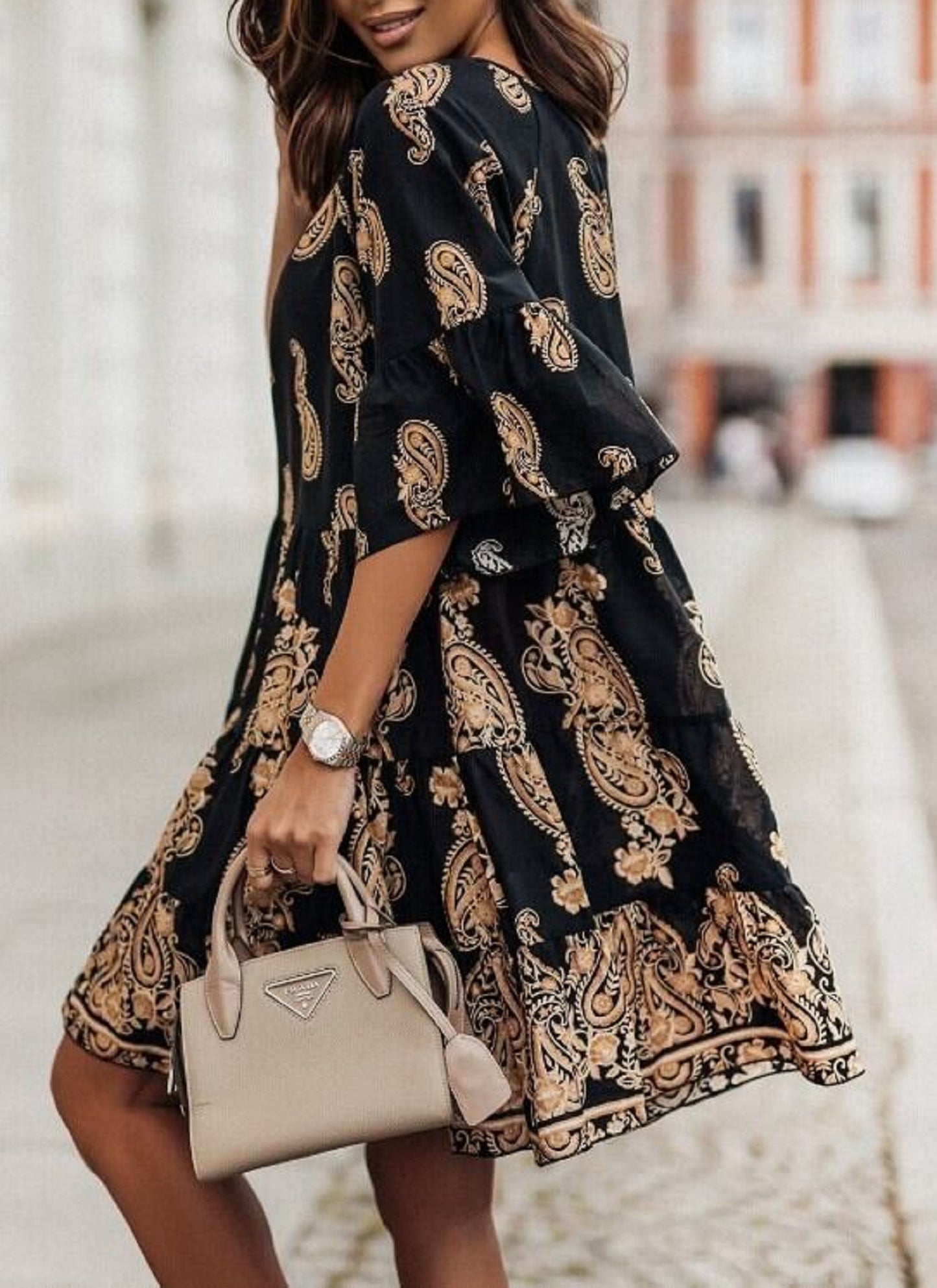 Paisley A Line Neck Tie-Waist Dress