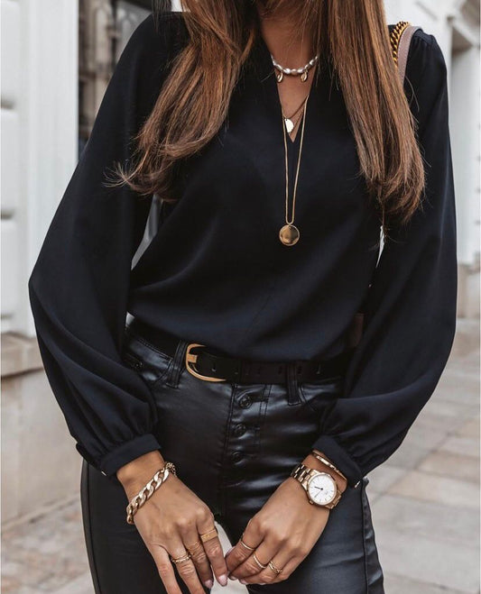 V Neck Elegant Solid Blouse Shirt