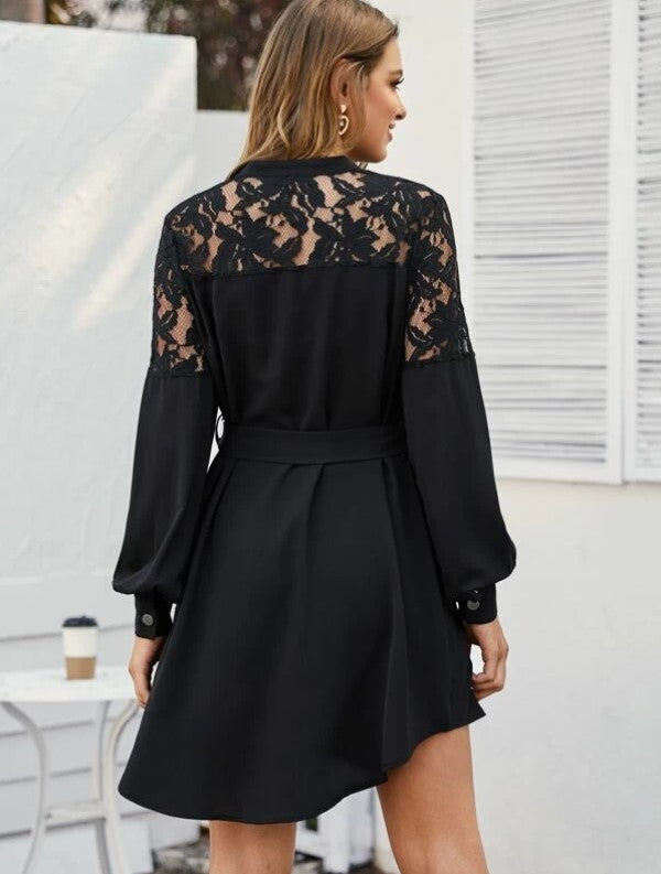 Viscose Lace Button Down Long Sleeve Shirt  Mini Dress with Belted