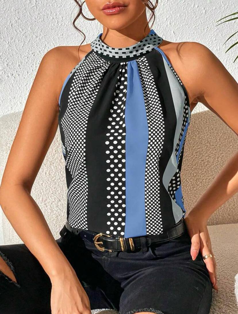 Stripe Halter Top with Keyhole Back and Polka Dot Stripe Sleveless Blouse