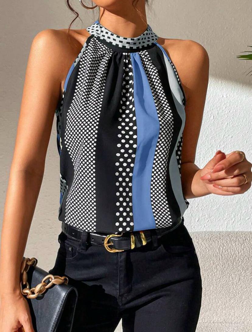 Stripe Halter Top with Keyhole Back and Polka Dot Stripe Sleveless Blouse