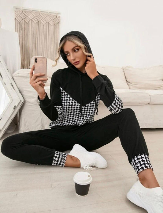 Matching Set Houndstooth Drawstring Hoodie Pants