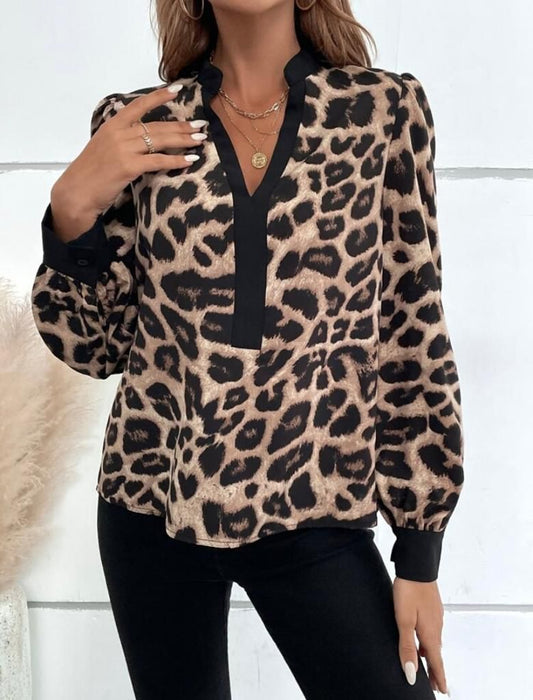 Long Sleeve V Neck Leopard Blouse