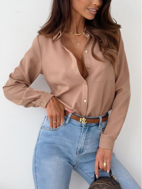 Viscose Solid Button Up Shirt with Roll-Up Sleeve Blouse