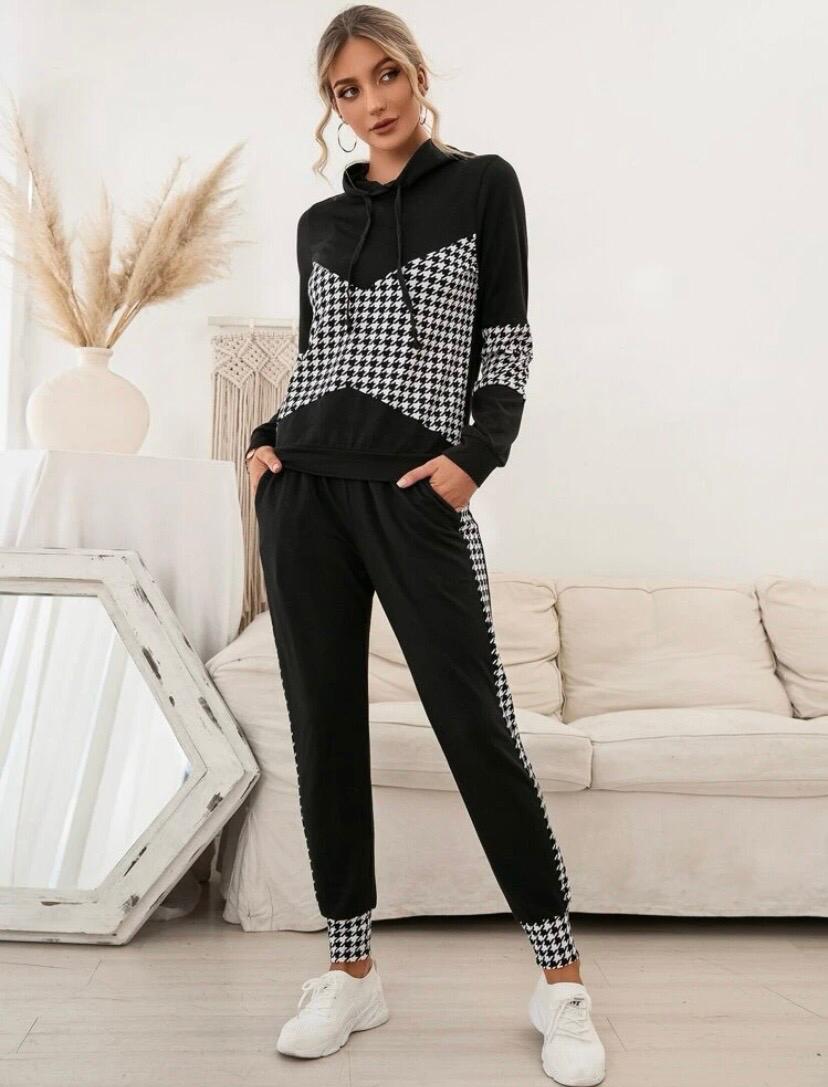 Matching Set Houndstooth Drawstring Hoodie Pants