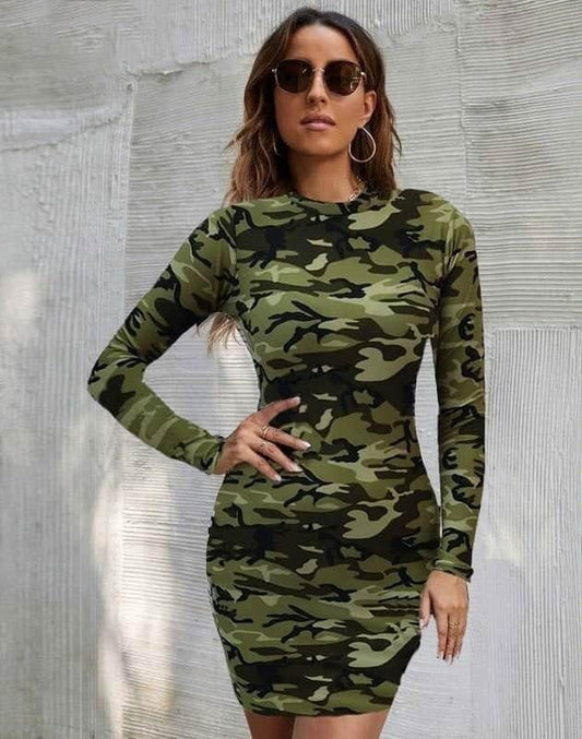 Cotton Blend Camouflage Printed Mini Dress