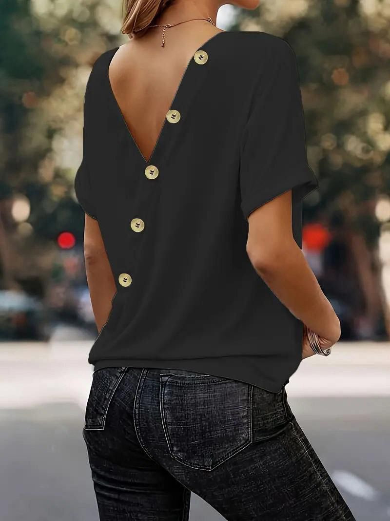 Button Detail Backless Dolman Sleeve Tee Shirts