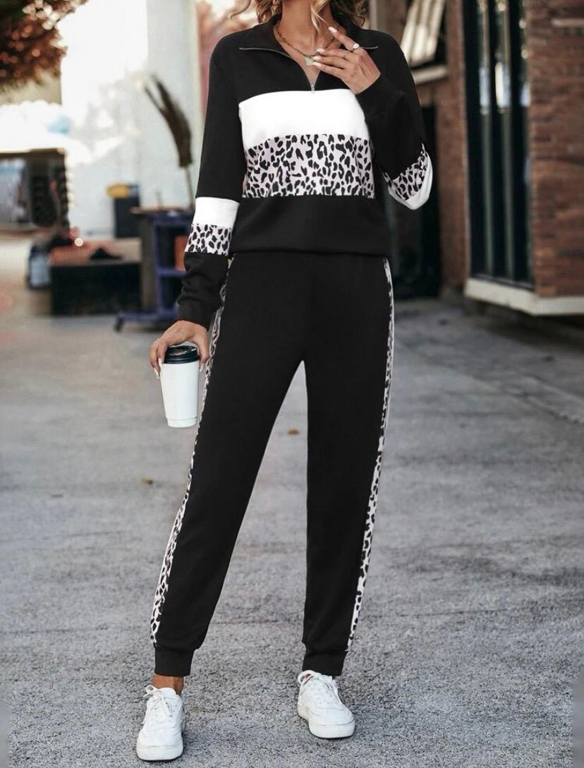 Matching Set Leopard Half Zip Sweatshirt and Side Stripe Pants Two Pieces Set