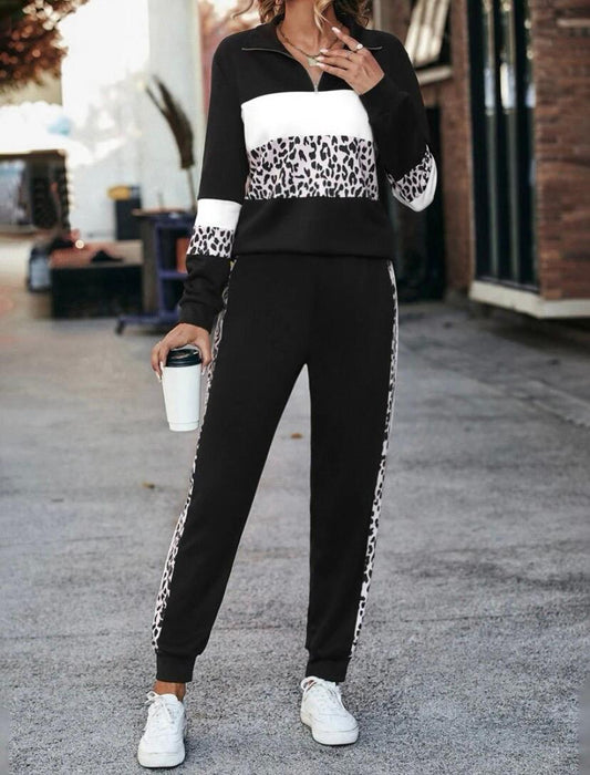 Matching Set Leopard Half Zip Sweatshirt and Side Stripe Pants Two Pieces Set