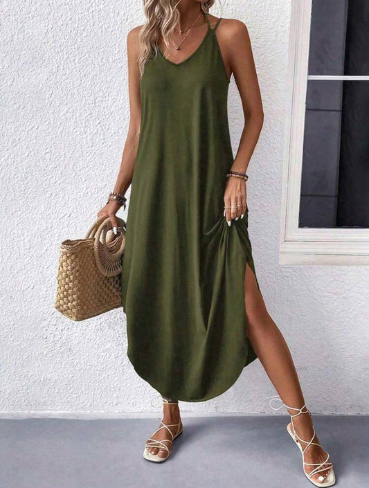 Solid Summer Strap Halter Cami Midi Dress