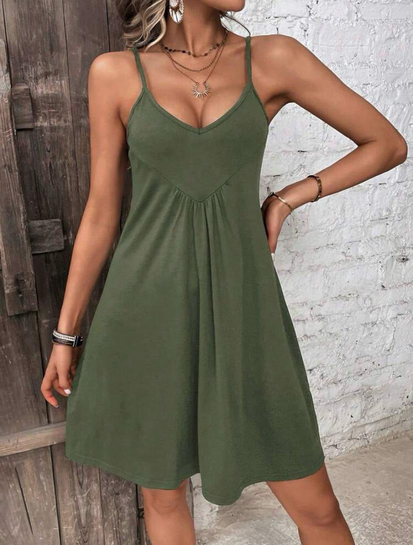 SOLID MINI SUMMER DRESS WITH STRAP V NECK