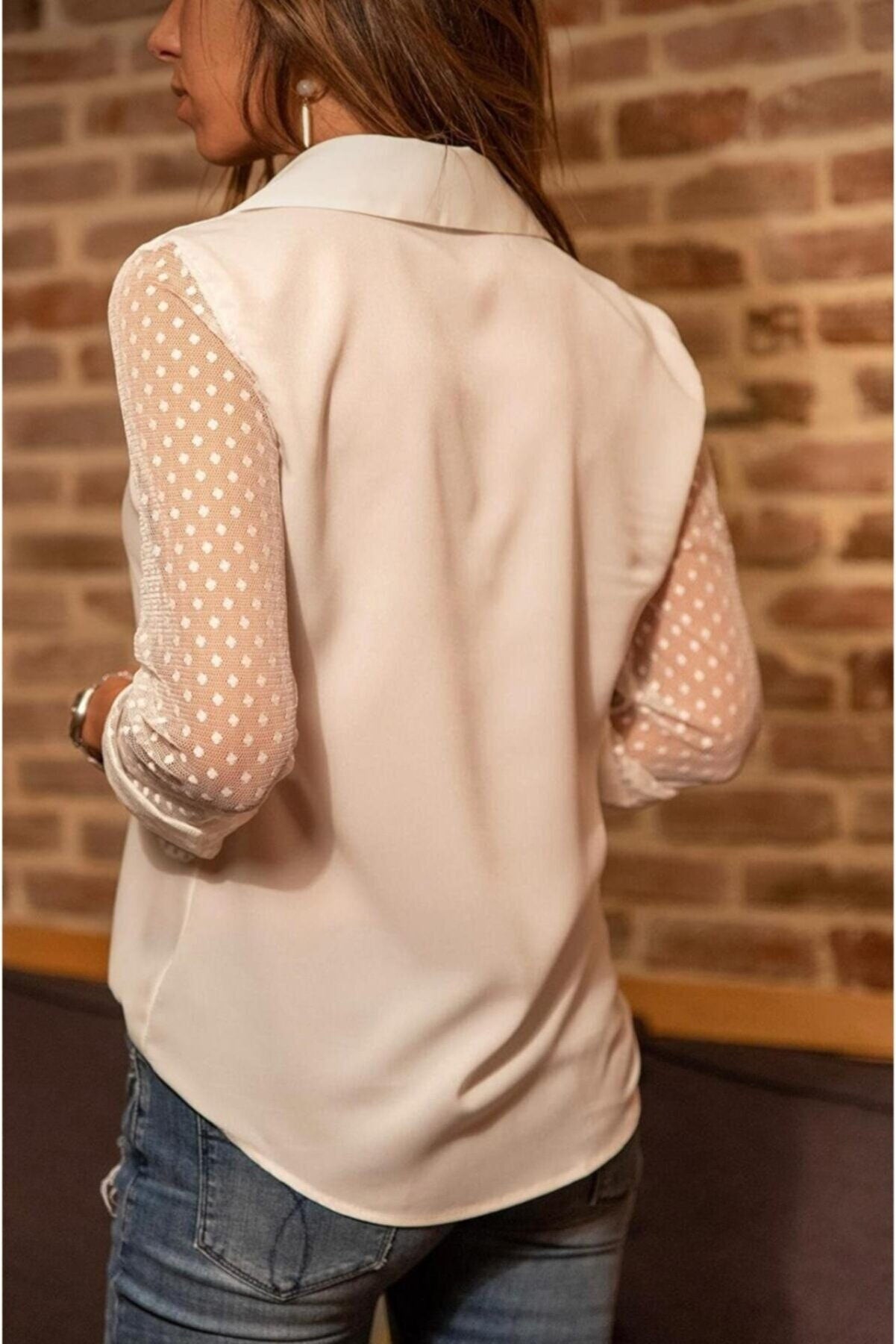 OPEN-PACK Tulle Sleeve Polka Button Down Blouse