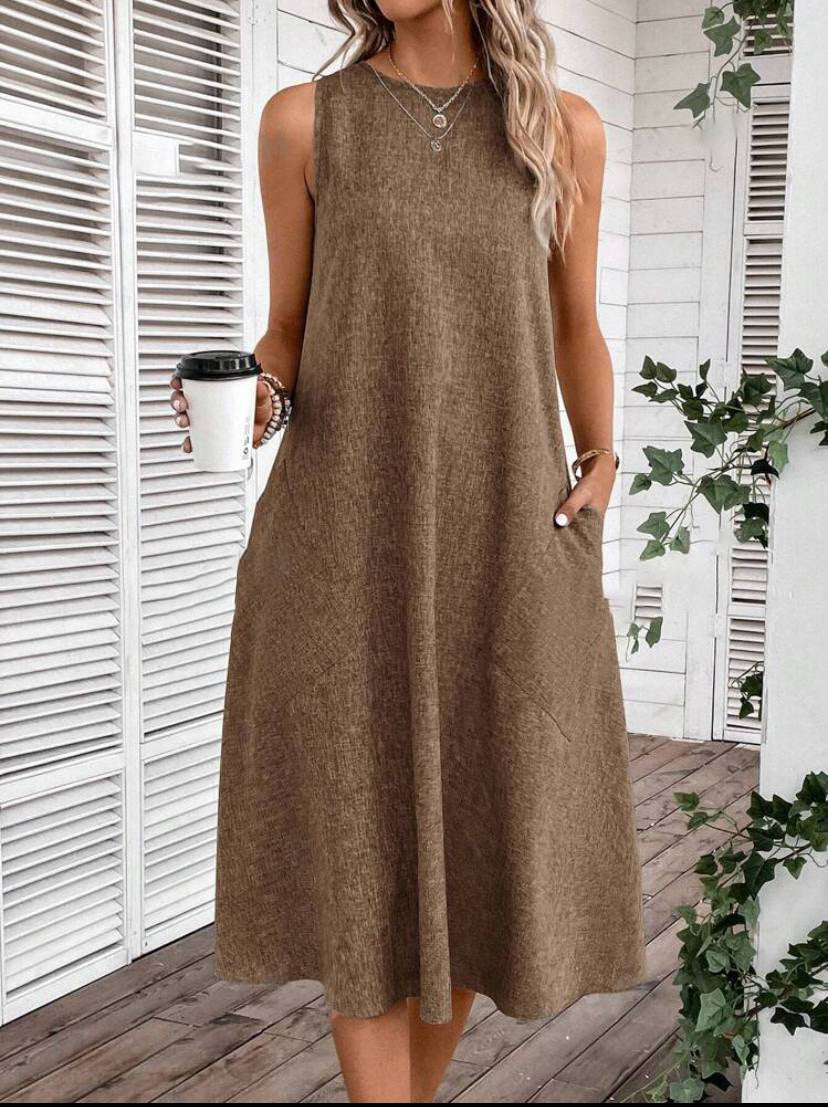 SLEEVELESS OVERSIZE MIDI VEST DRESS WITH POCKET