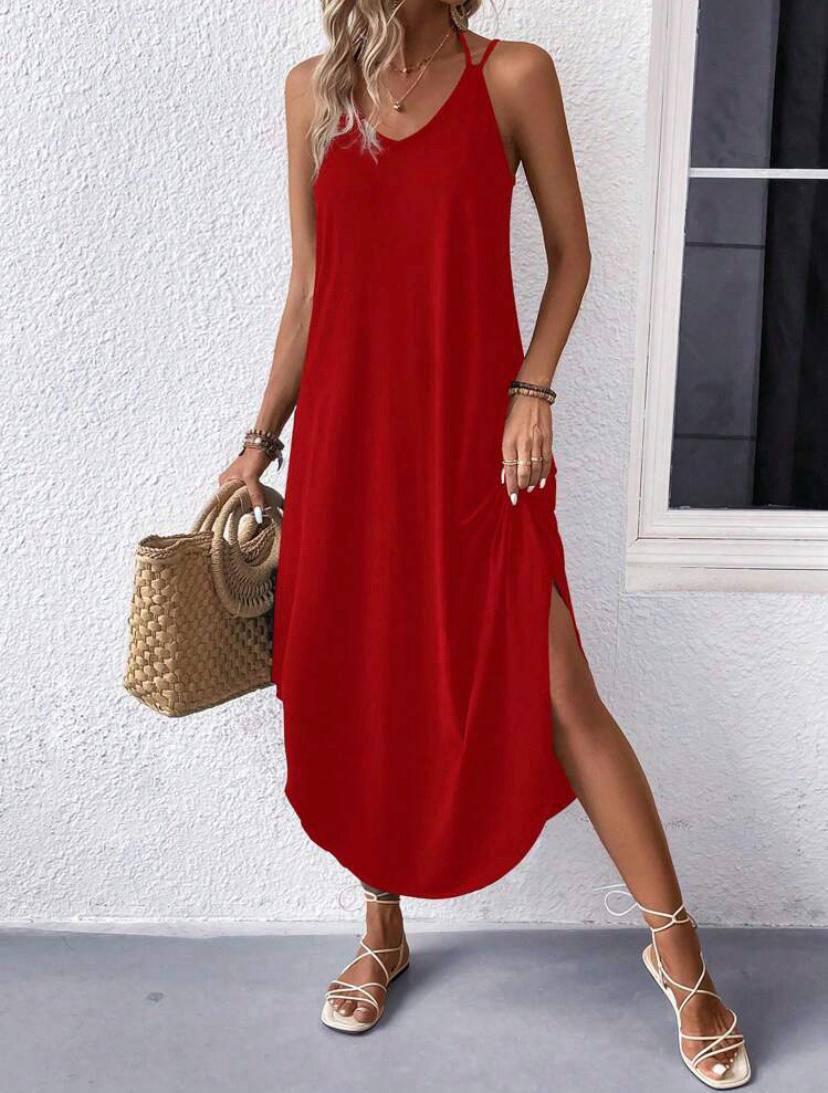 Solid Summer Strap Halter Cami Midi Dress