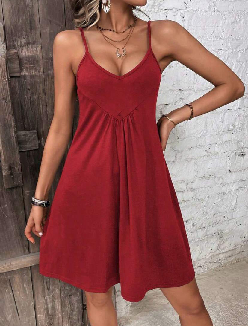 SOLID MINI SUMMER DRESS WITH STRAP V NECK