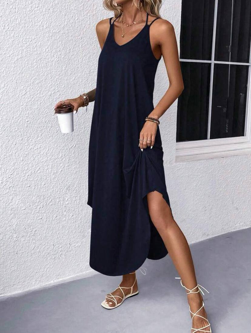 Solid Summer Strap Halter Cami Midi Dress