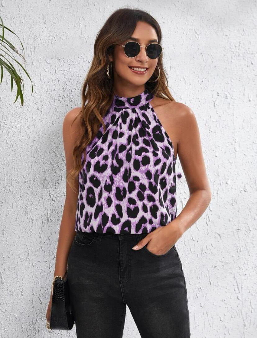 Tie Back Halter Top, Leopard Tieneck Tops