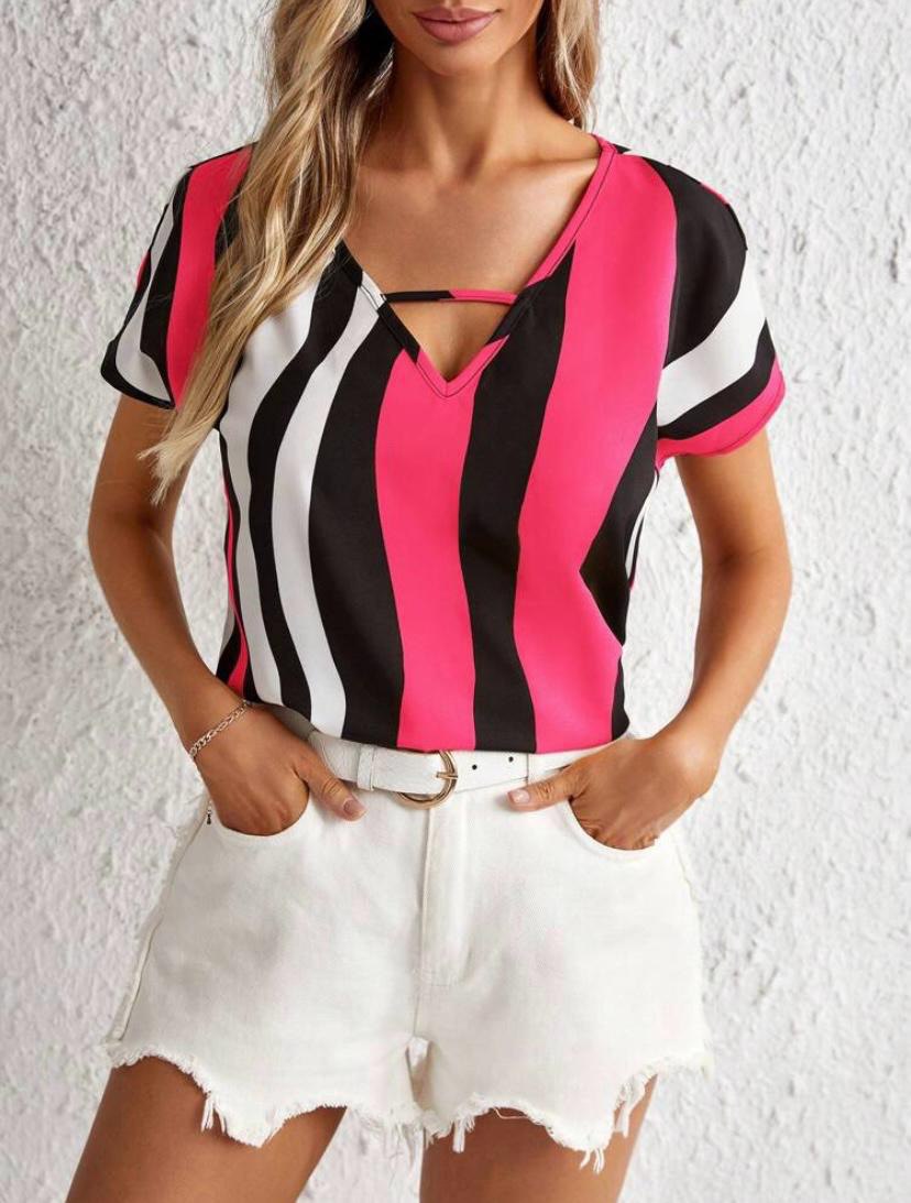 STRIPE V NECK CUT OUT SHORT SLEEVE TOPS BLOUSE