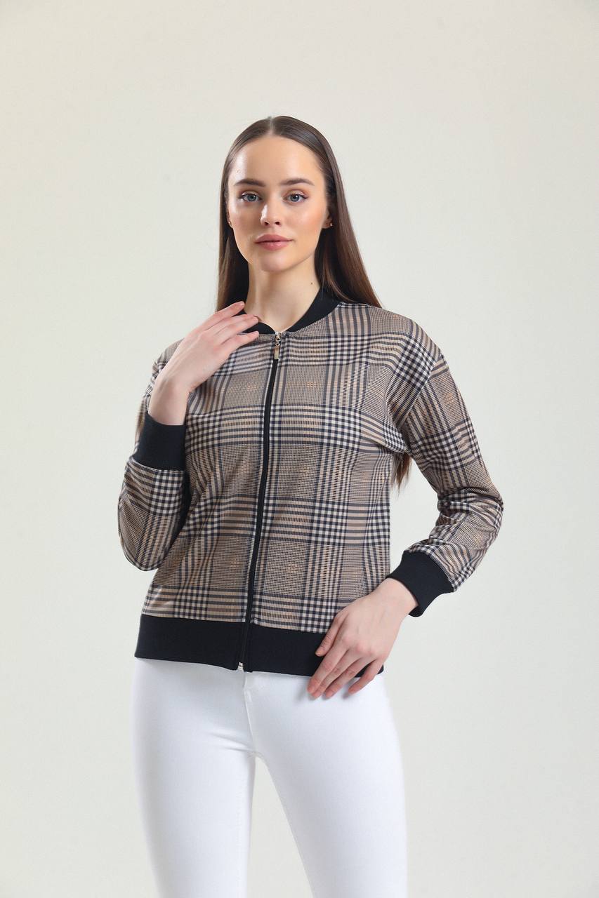 Women Tartan Plaid Zip Bomber Jacket