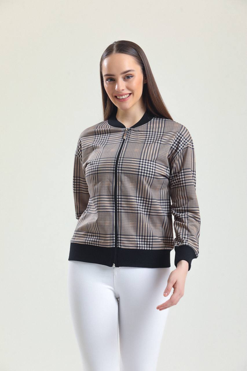 Women Tartan Plaid Zip Bomber Jacket