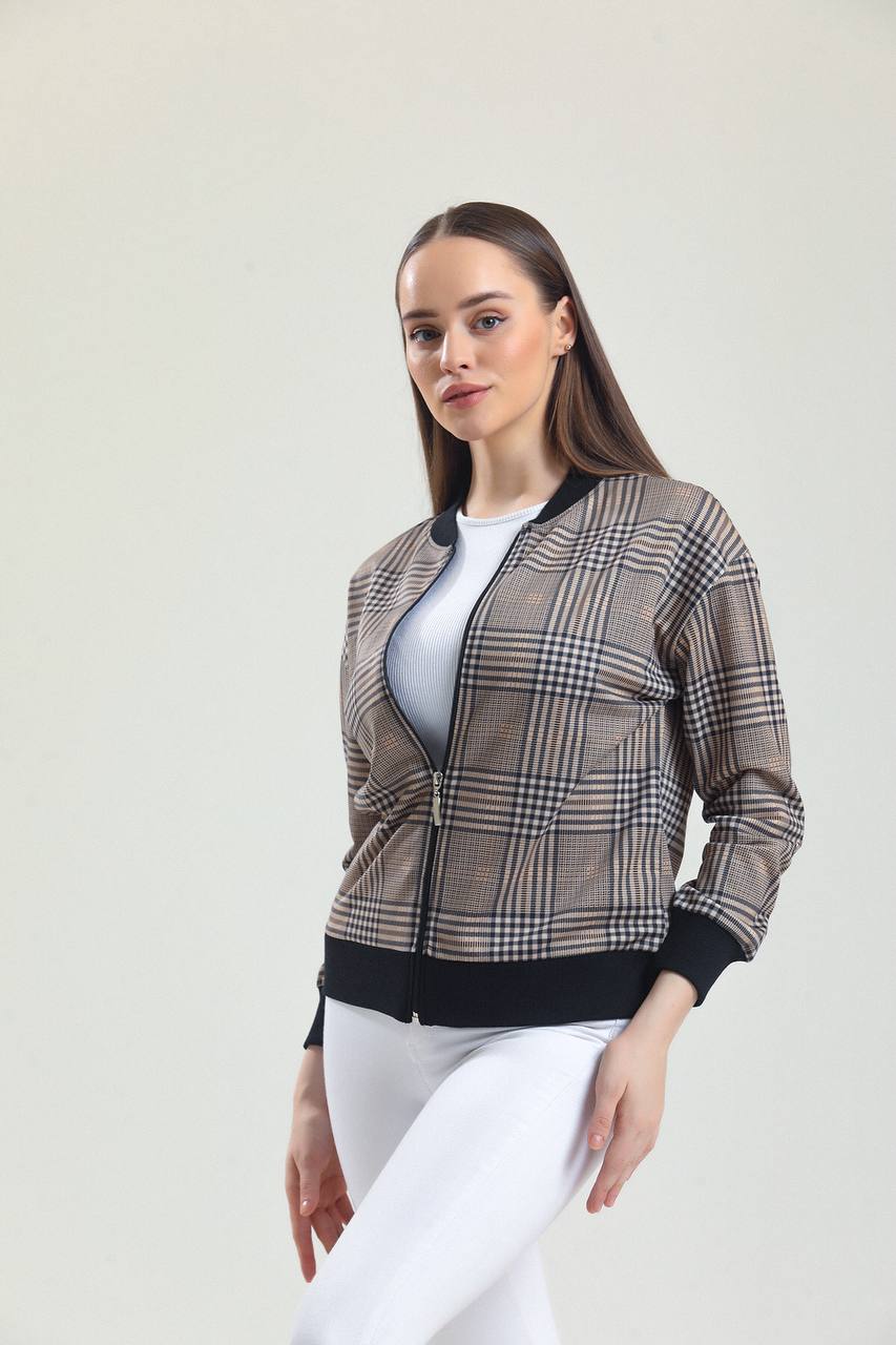 Women Tartan Plaid Zip Bomber Jacket