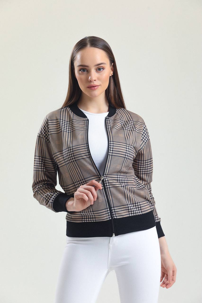 Women Tartan Plaid Zip Bomber Jacket