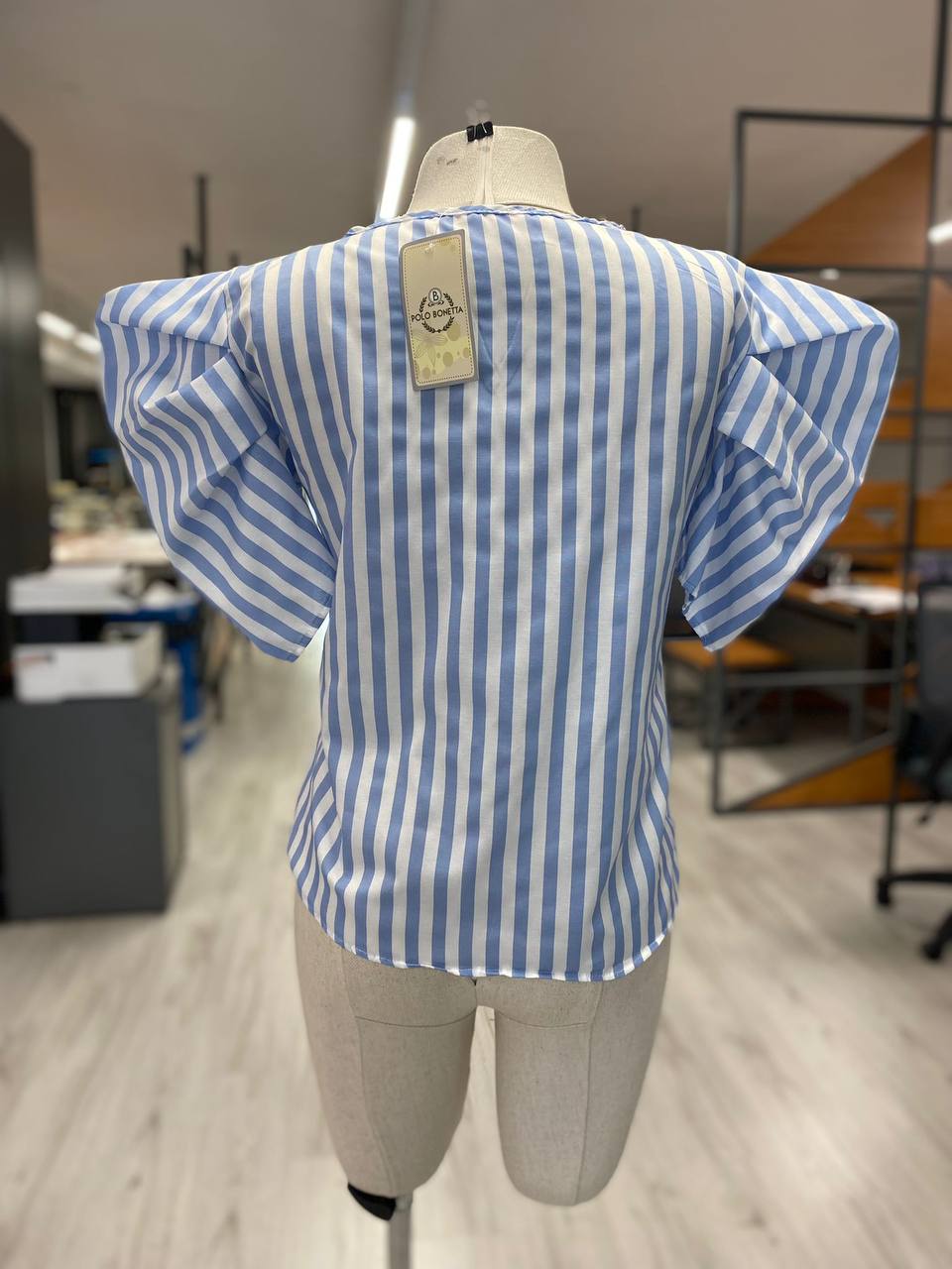 Blue Striped V Neck Short Sleeve Ruffle Blouse