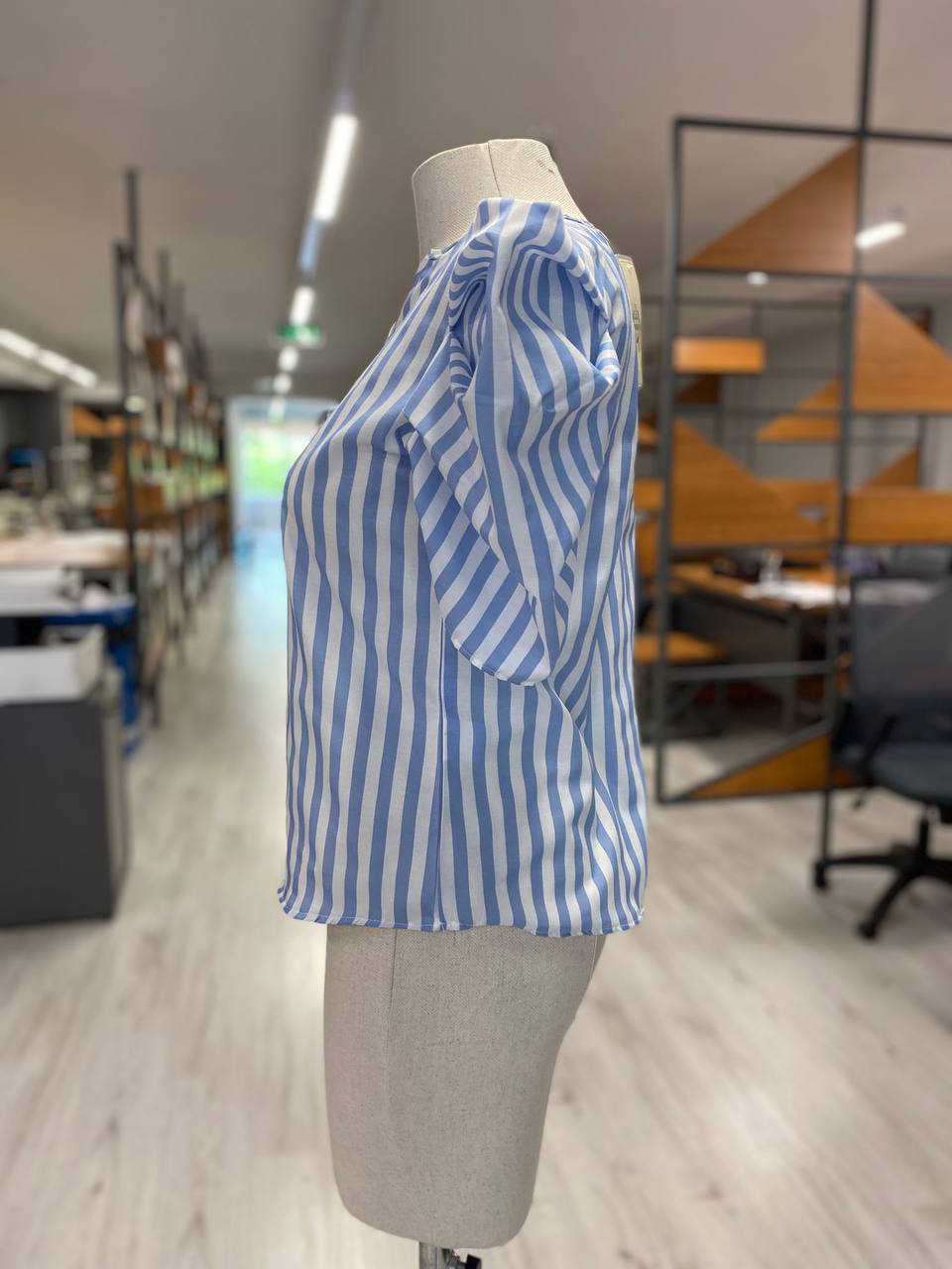 Blue Striped V Neck Short Sleeve Ruffle Blouse